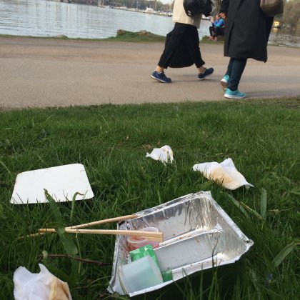 garbage scattered in the park.