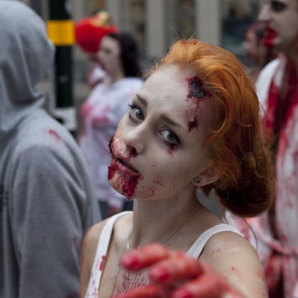 Zombie woman making eye contact during the Stockholm Zombie walk